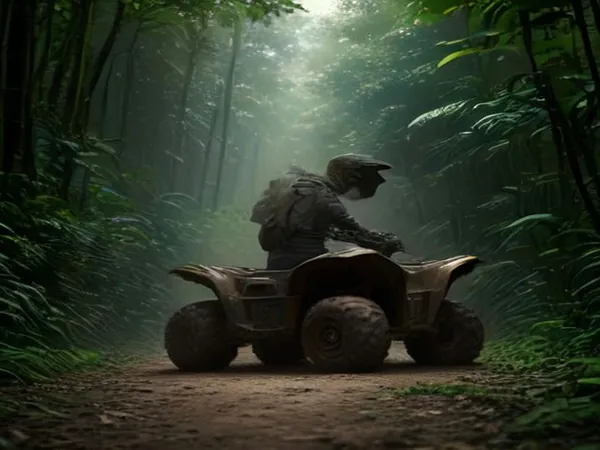 A muddy quad bike on a jungle trail between rice fields