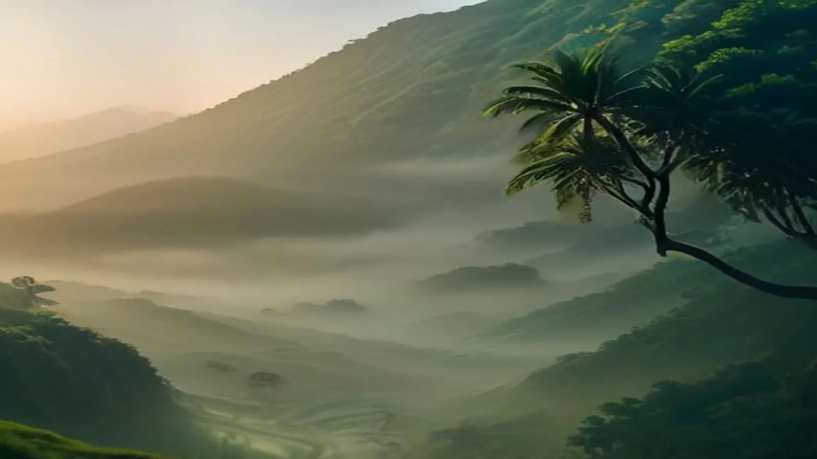 Misty jungle hills and rice terraces at sunrise, with a palm tree in the foreground