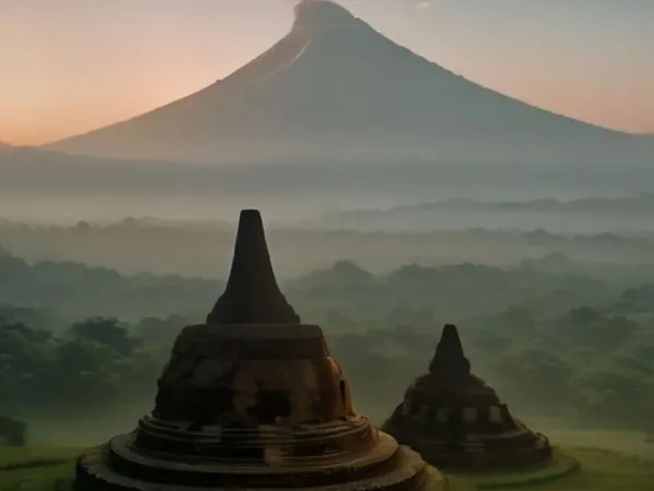 Stone stupas of a temple at sunrise with misty hills