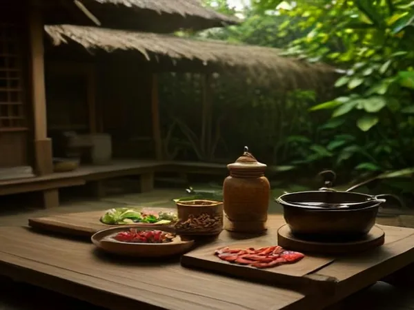 Balinese dishes and fresh spices on a wooden table