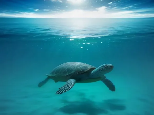 A sea turtle swimming over coral in clear shallow water