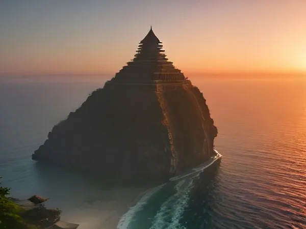 A rocky sea stack against an orange sunset over the ocean