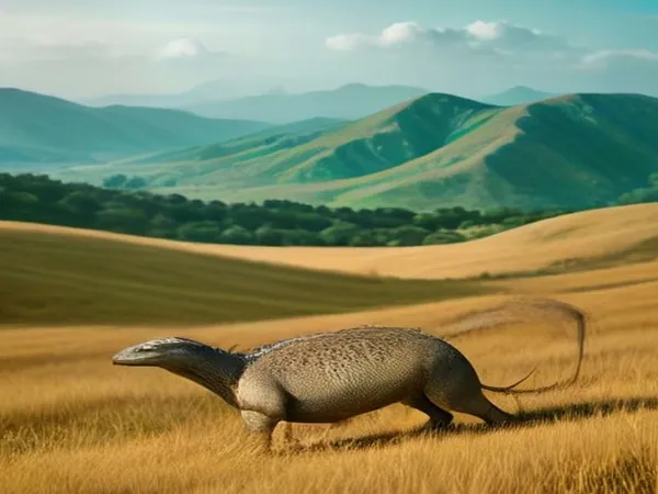 A Komodo dragon on dry grassland with hills and sea behind