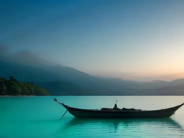 A wooden boat on calm turquoise water below green hills