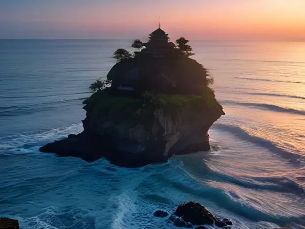 A sea temple on a rock in the ocean at sunset