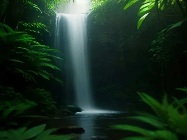 A jungle waterfall framed by tropical plants