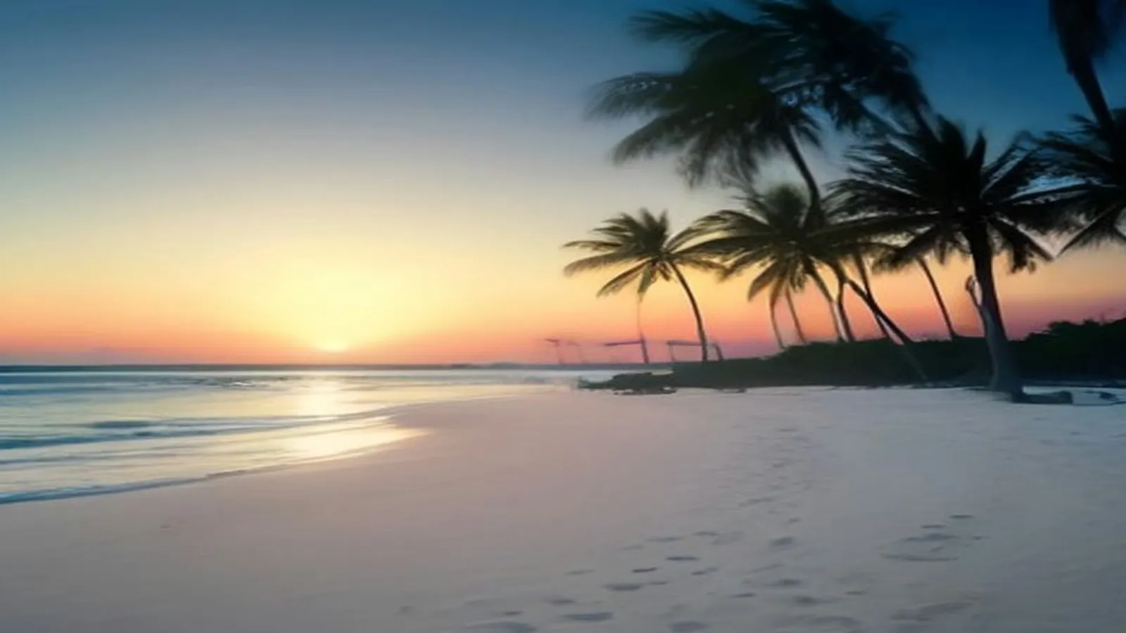 A white sand Caribbean beach at sunset with leaning palm trees and calm water