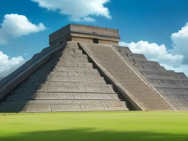 The stepped Mayan pyramid of Chichen Itza under a blue sky