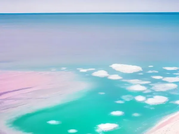 A pink salt lake with white salt crust and turquoise water