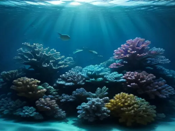 A colorful coral reef with tropical fish in clear blue water