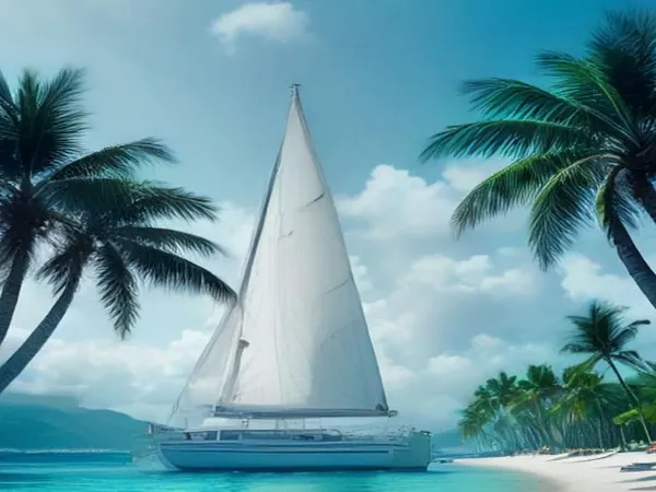 A white sailboat anchored in turquoise water off a palm-lined beach
