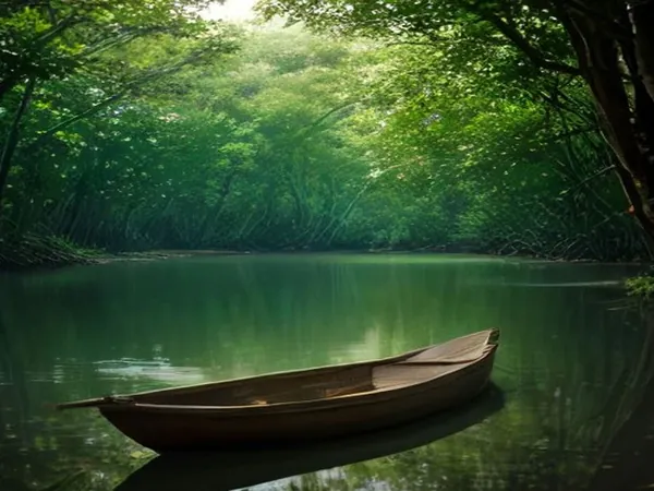 A small wooden boat on a calm mangrove lagoon