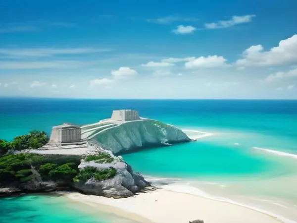 Ancient stone ruins on a cliff above a turquoise sea