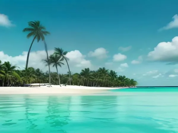 A calm turquoise bay with palm trees and a white sand beach