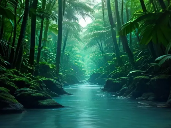 A turquoise river winding through dense green jungle