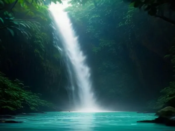 A waterfall dropping into a turquoise pool in green rainforest