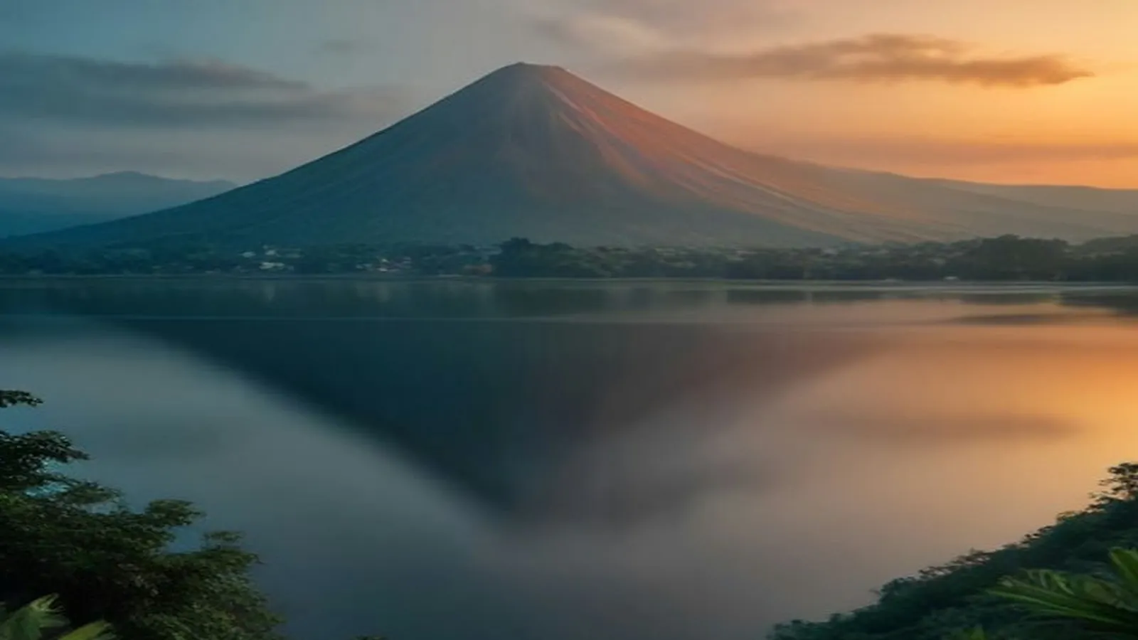 A cone-shaped volcano reflected in a calm lake at sunset, with rainforest in the foreground