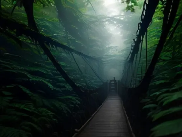 A long suspension bridge over a misty rainforest canopy