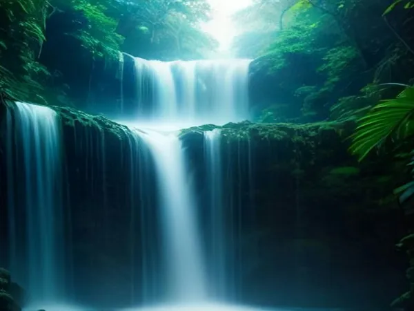 A bright blue waterfall falling into a turquoise pool in the rainforest