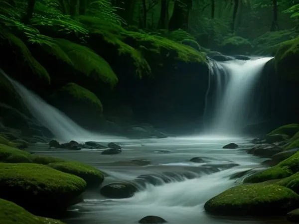 Warm water flowing over mossy rocks in a rainforest stream
