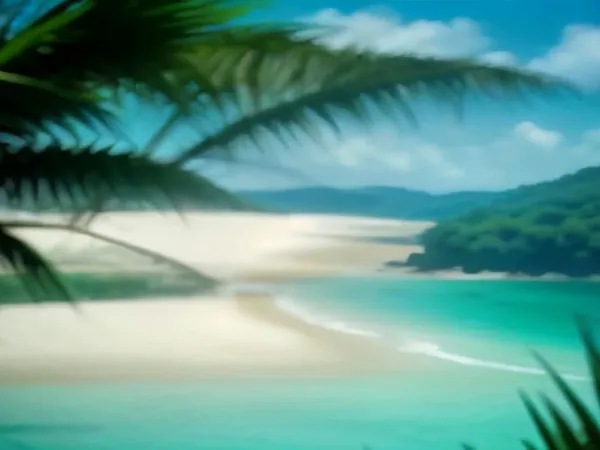 A white sand beach framed by palms and turquoise water