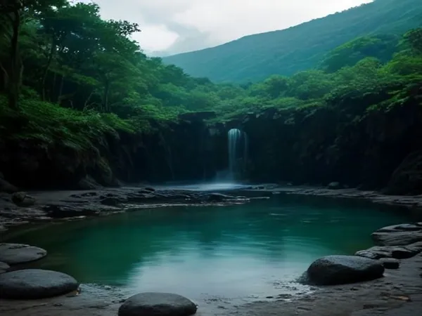 A natural pool with a small waterfall among volcanic rocks