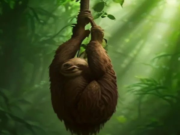 A three-toed sloth hanging from a tree branch in the rainforest