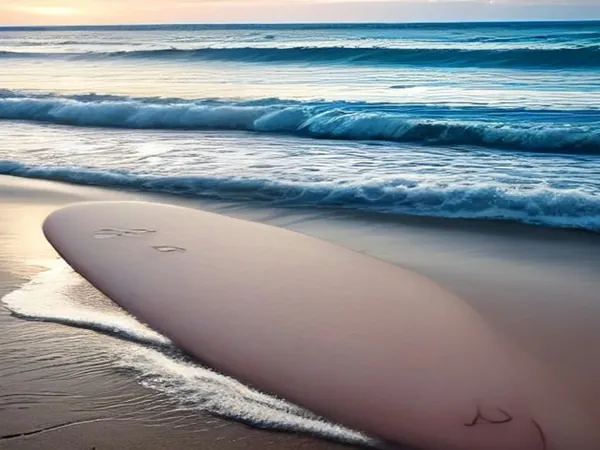 A foam surfboard on the sand next to small waves at sunset