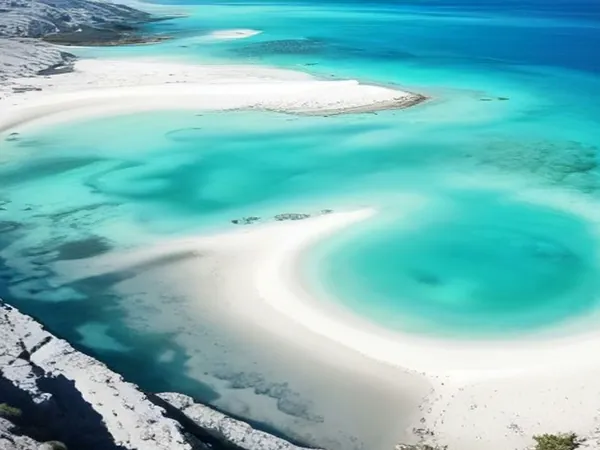A turquoise lagoon and white sand seen from a hillside