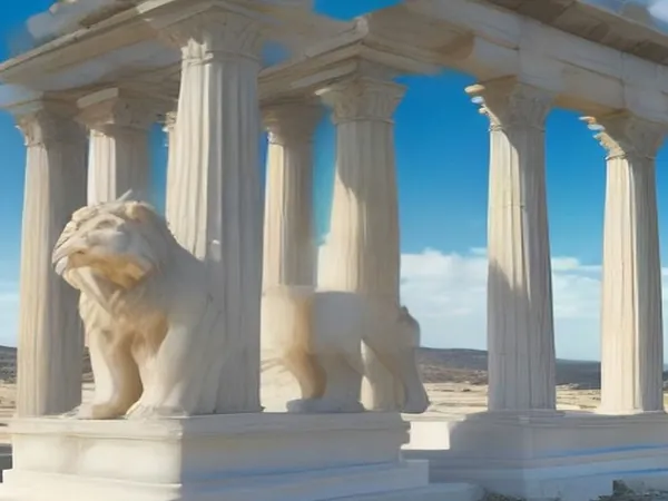 Ancient marble lion statues and ruins on a dry island
