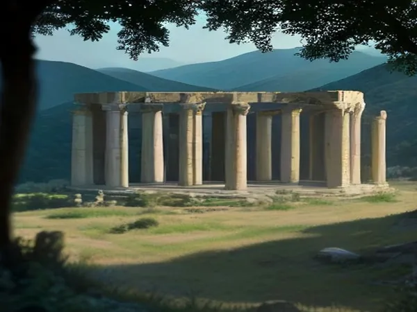 Ruins of a round ancient temple among olive trees and mountains