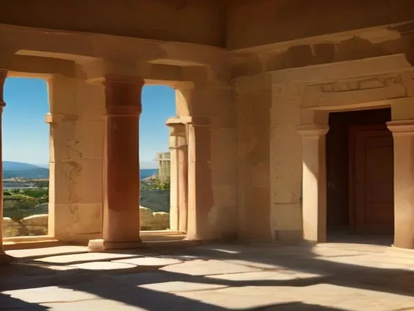 Red columns and stone ruins of a Minoan palace
