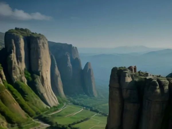 Monasteries perched on giant rock pillars above a green valley