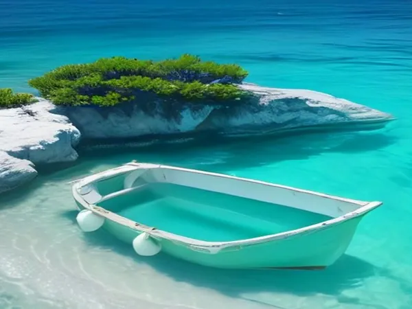 A small boat in clear turquoise water by a pebble beach