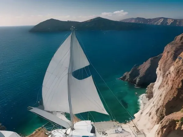 A sailing yacht off Santorini's red volcanic cliffs