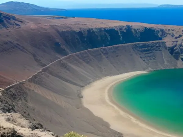 Dark volcanic rock and a crater above blue sea