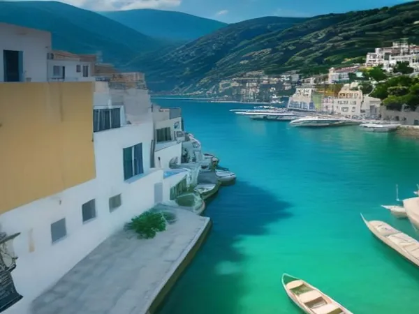 A colorful island harbor with stone houses and small boats