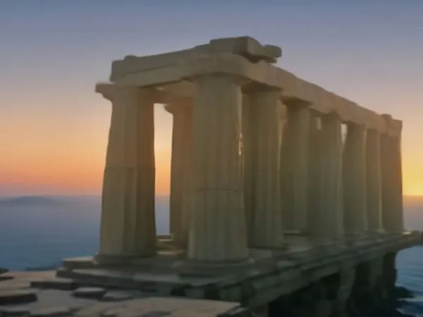 Ancient temple columns on a sea cliff at sunset