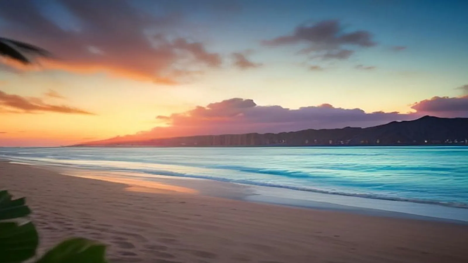 A Hawaiian beach at sunset with turquoise water, palm leaves and mountains on the horizon