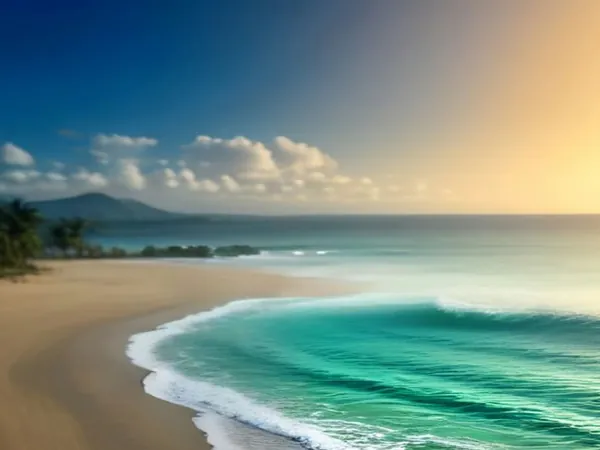 A curving golden sand beach with turquoise waves and green hills