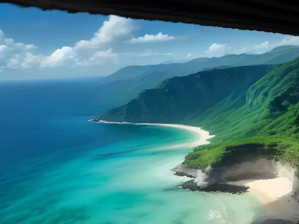 Turquoise water along a green, cliff-lined coast with a curving beach