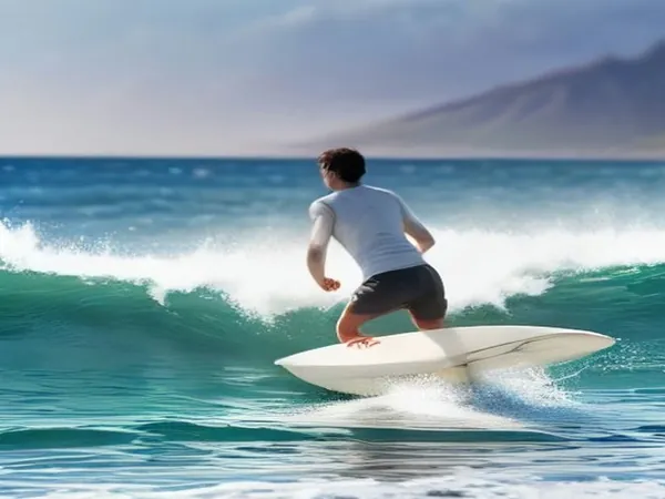 A surfer seen from behind riding a small wave, with mountains in the distance