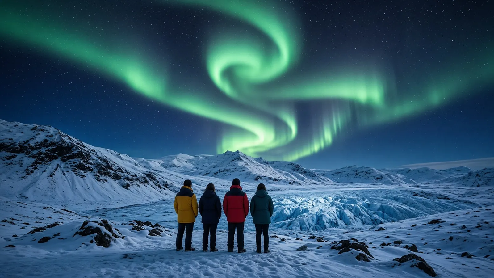 A small group of travelers in winter jackets watching green northern lights swirl over a snowy landscape and a glacier in Iceland