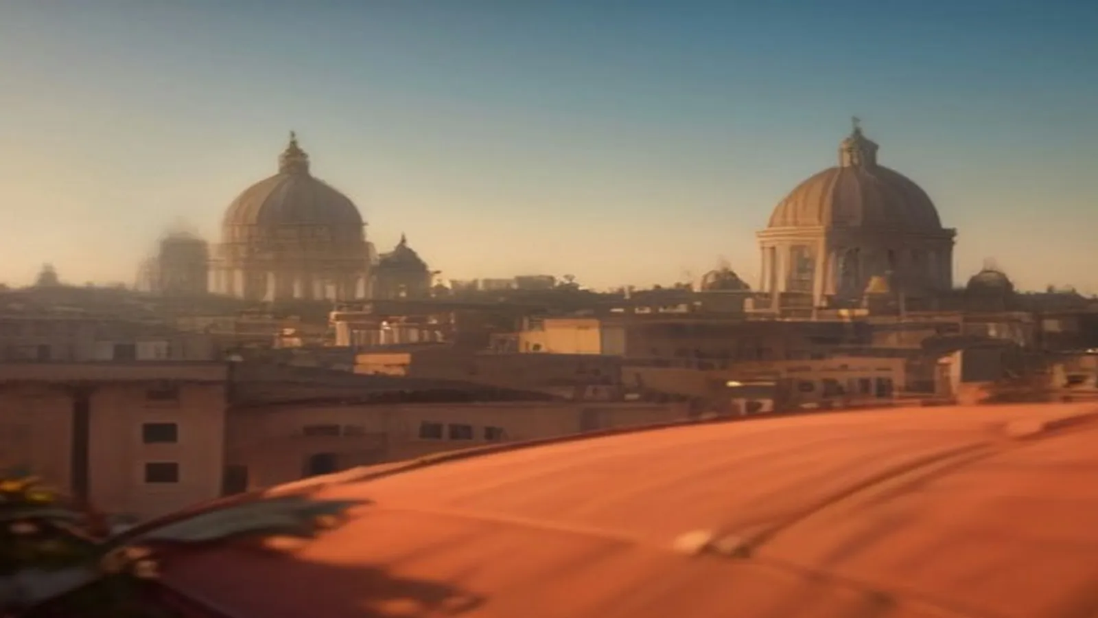 Rome's rooftops and a church dome at golden hour in autumn, with Tuscan hills and a Venetian canal suggested in the soft distance