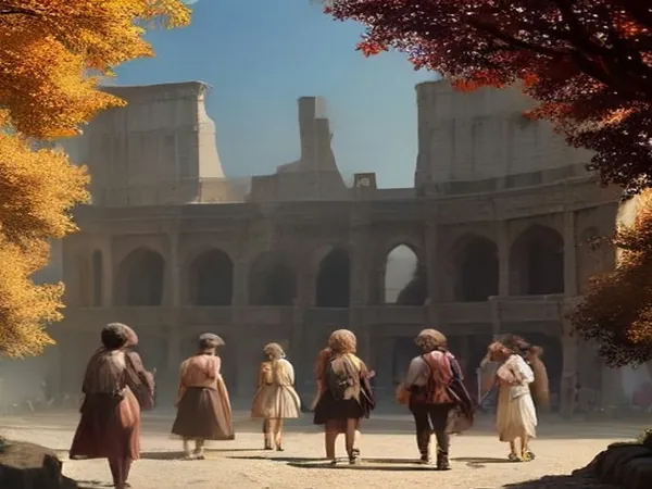 The Colosseum's arches in warm morning light with a small group of visitors walking nearby