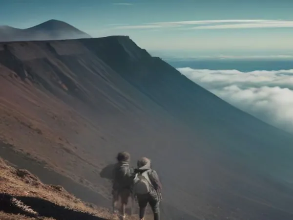 Hikers on a dark volcanic ridge above old craters, with the sea far below