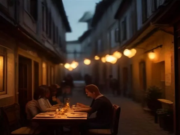A candlelit trattoria table in a cobbled Roman lane with pasta, supplì and glasses of red wine