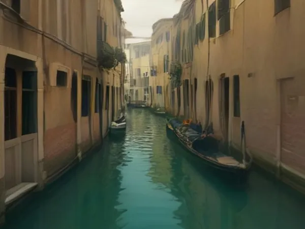 A black gondola gliding along a quiet Venetian canal between pastel palazzi