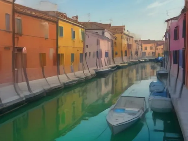 Brightly painted fishermen's houses reflected in a small canal on a lagoon island