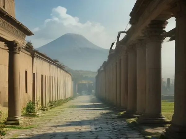 Ancient stone columns and ruined streets with a volcano rising behind under a hazy sky